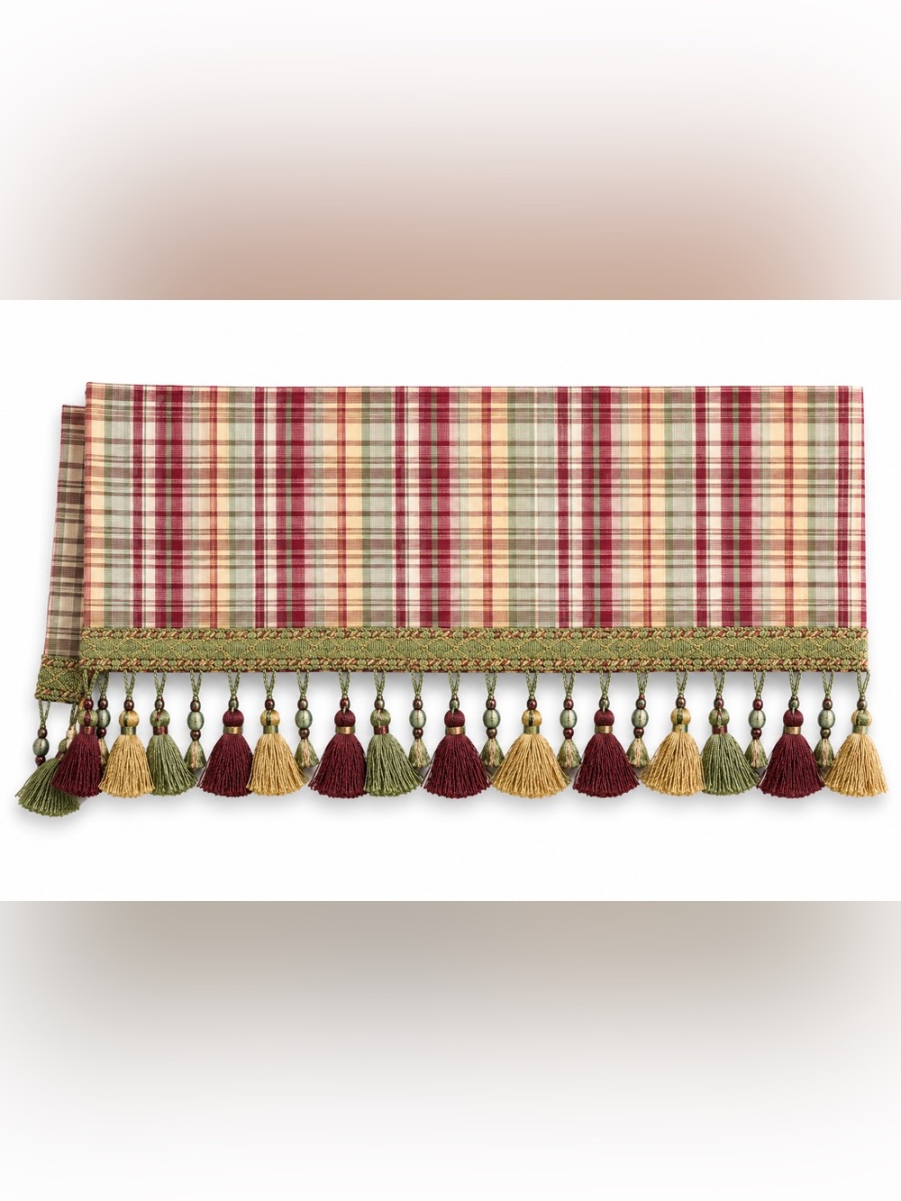 Sage Green Gold Wine Burgundy Plaid Trim with Fringe for Dust Ruffle, Curtains